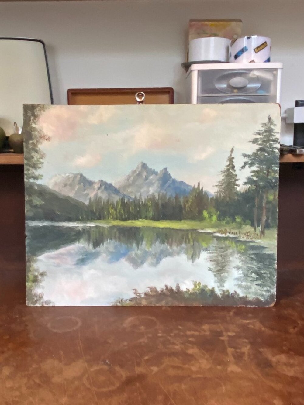 40s Original Painting Canvas Board Mountain Lake Trees Snow Landscape Vintage